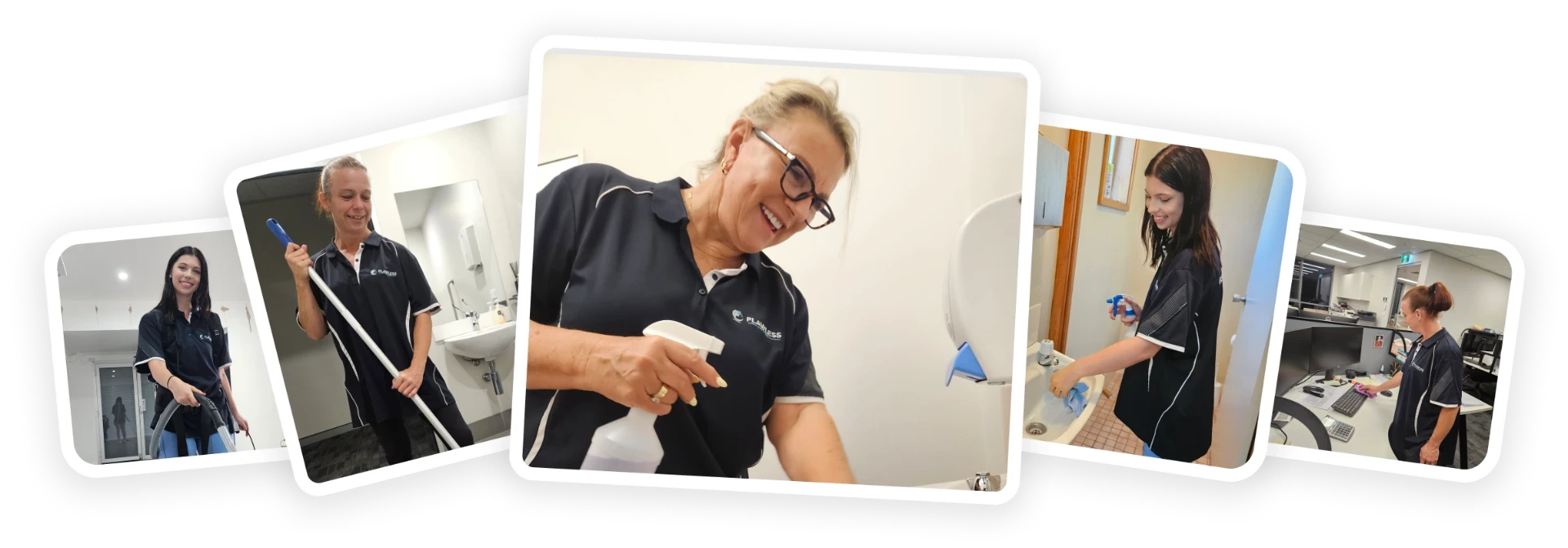 Flawless Clean team members performing specialist cleaning across Maitland and Newcastle: vacuuming, mopping, wiping down bathrooms and cleaning offices