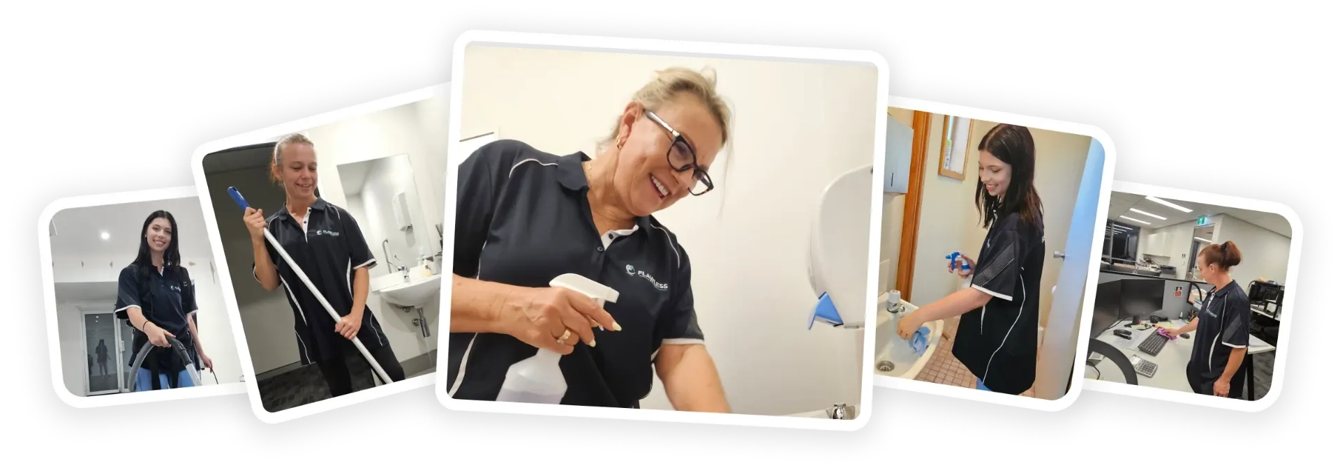 Flawless Clean team members performing specialist cleaning across Maitland and Newcastle: vacuuming, mopping, wiping down bathrooms and cleaning offices