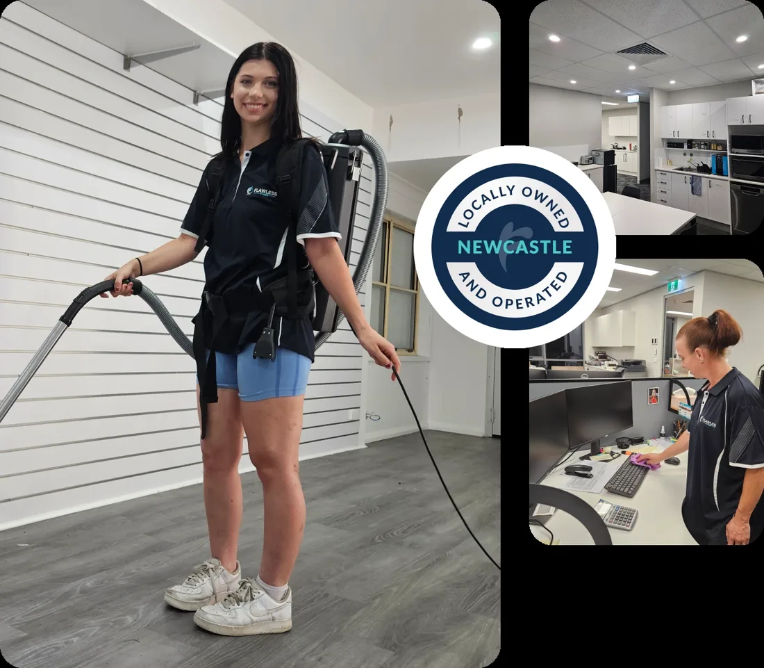 Flawless Clean team member with backpack vacuum and office cleaning scenes